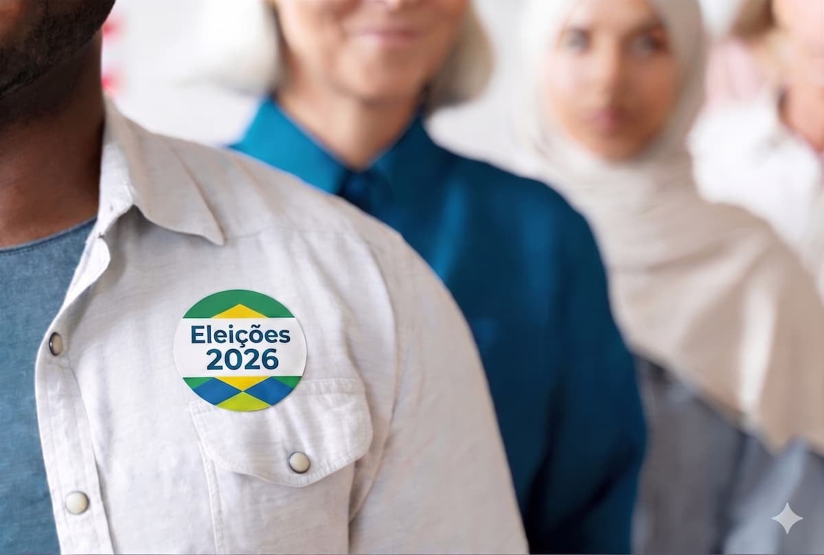 Pessoa usando um adesivo de campanha no peito com a inscrição "Eleições 2026", representando material gráfico para eleições, enquanto outras pessoas aguardam em uma fila ao fundo, em um ambiente de votação ou participação cívica.