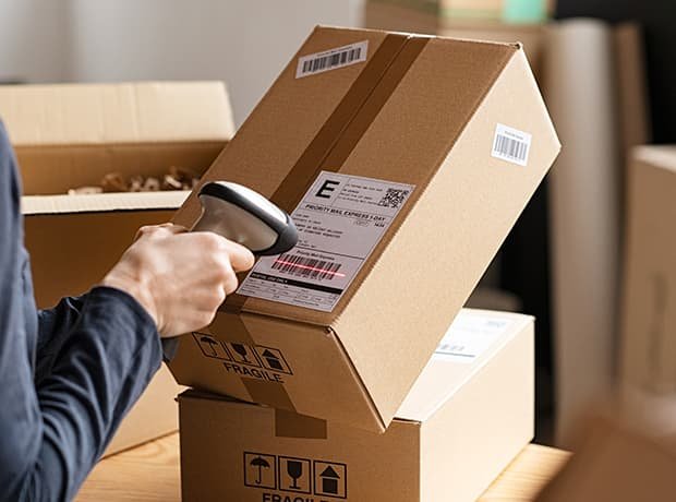 Pessoa usando um leitor de código de barras para escanear a etiqueta de uma caixa de papelão com papel térmico, apoiada sobre outras embalagens em uma mesa.