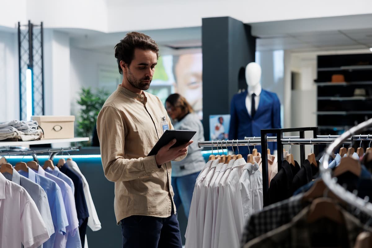 Store employee in a clothing shop using a tablet for inventory management and RFID for loss prevention, surrounded by racks of dress shirts with a mannequin in the background.