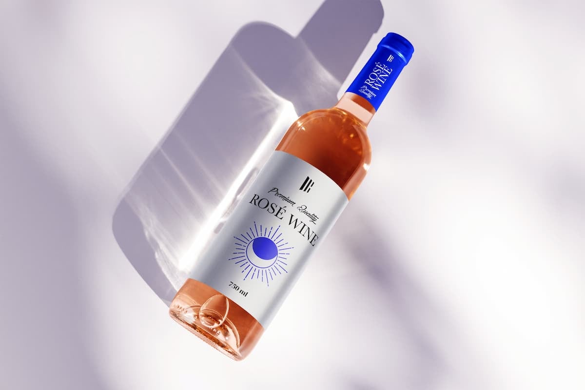 Frontal para etiquetas autoadhesivas en botella de vino rosé con diseño elegante, acabado blanco y detalles azules sobre fondo luminoso.