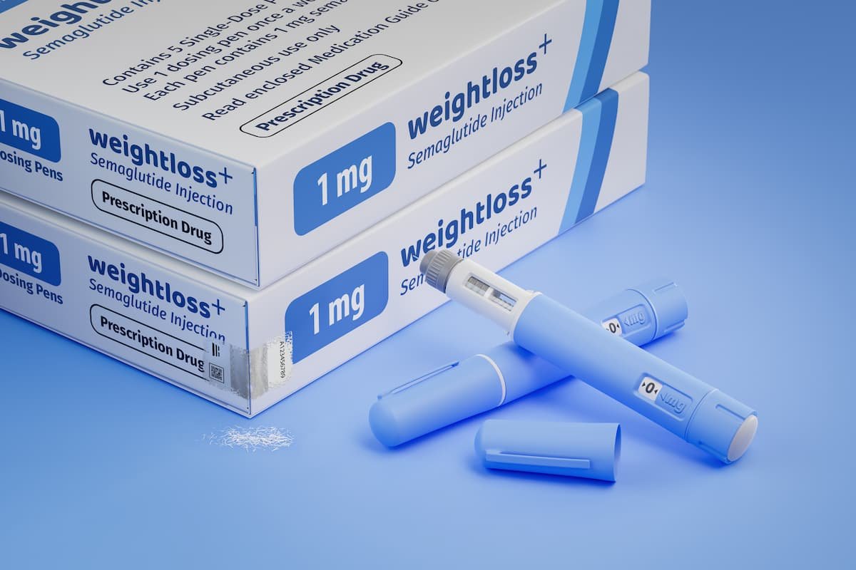 Pharmaceutical semaglutide injection boxes and dosing pens featuring a VOID eggshell security label on the carton, designed to provide tamper evidence and anti-counterfeit protection.
